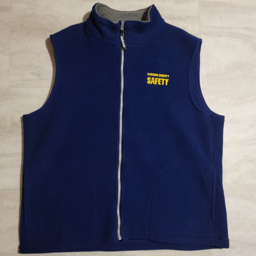 Vintage Chuck Roast Mens Blue Polyester Vest Embroidered Wausau Papers Safety XL